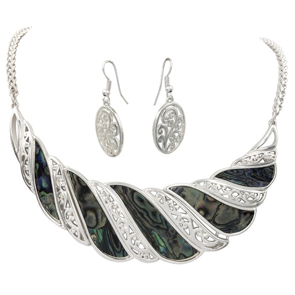 Abalone Shell Swirl Bib Necklace Earrings Set - Picture 1 of 5